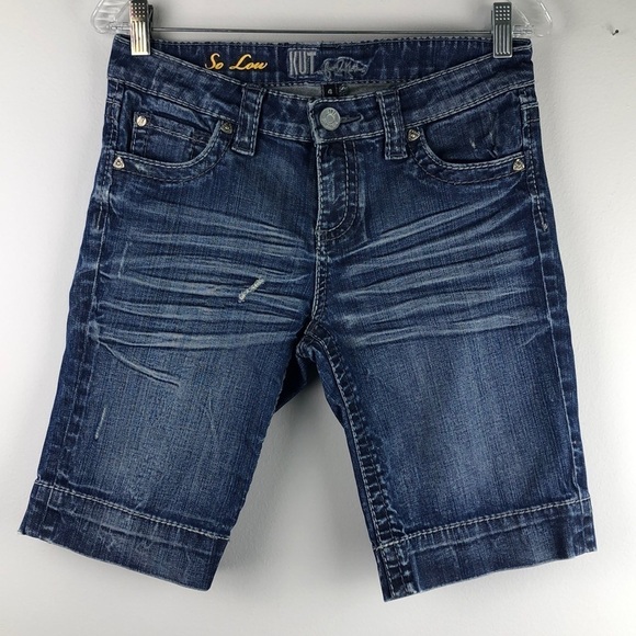KUT From The Kloth “So Low” Distressed Blue Denim Size 4 Bermuda EUC Jean Short - Picture 1 of 16
